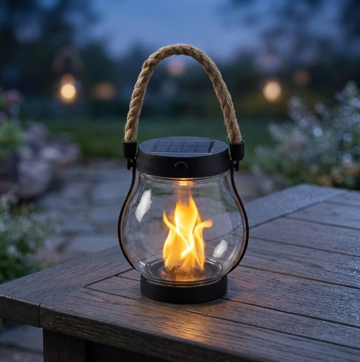 Solarlaterne mit klarem Glas und Flammeneffekt auf einem Gartentisch am Abend