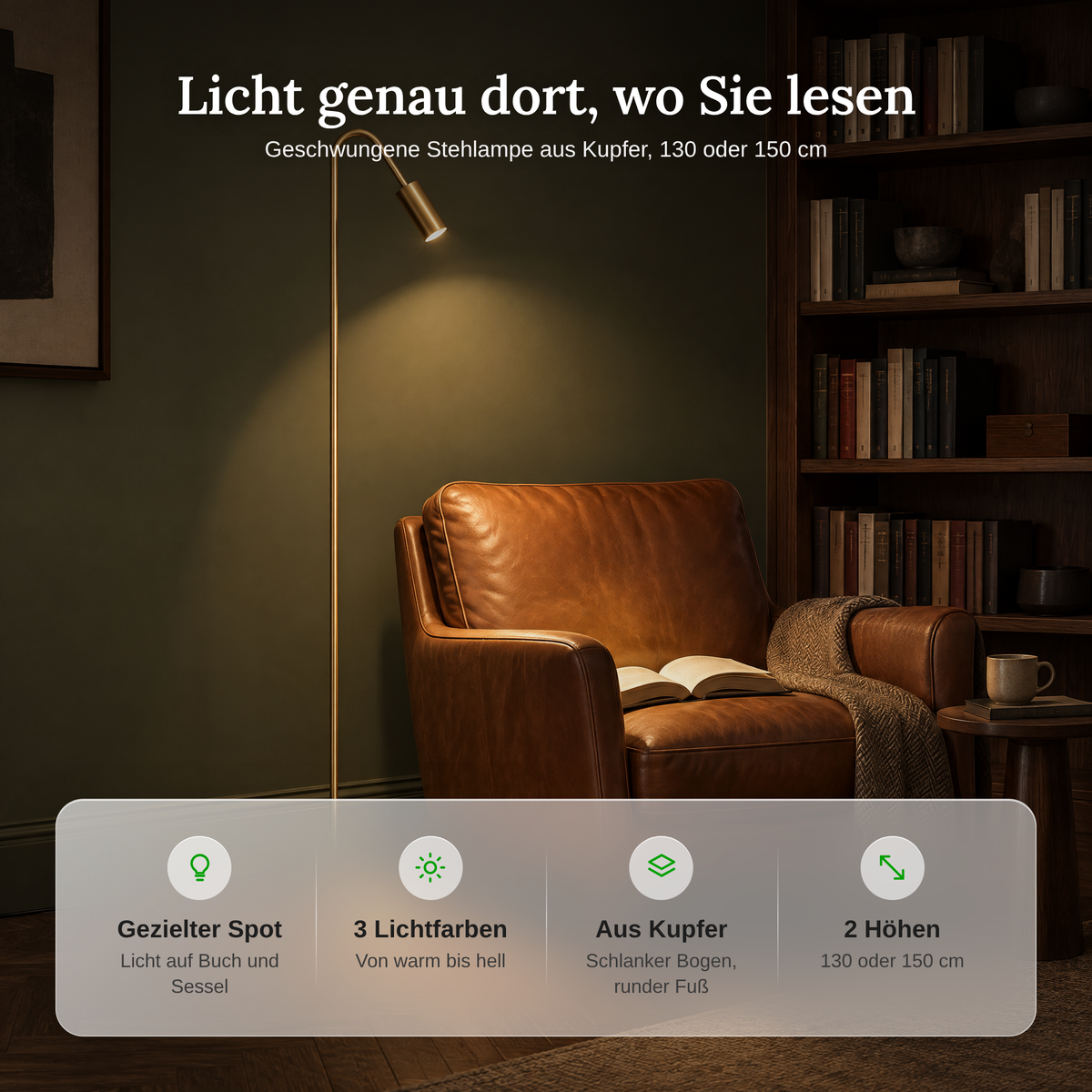 Vorteile der Stehlampe aus Kupfer: gezielter Spot, 3 Lichtfarben, schlanker Bogen, 2 Höhen