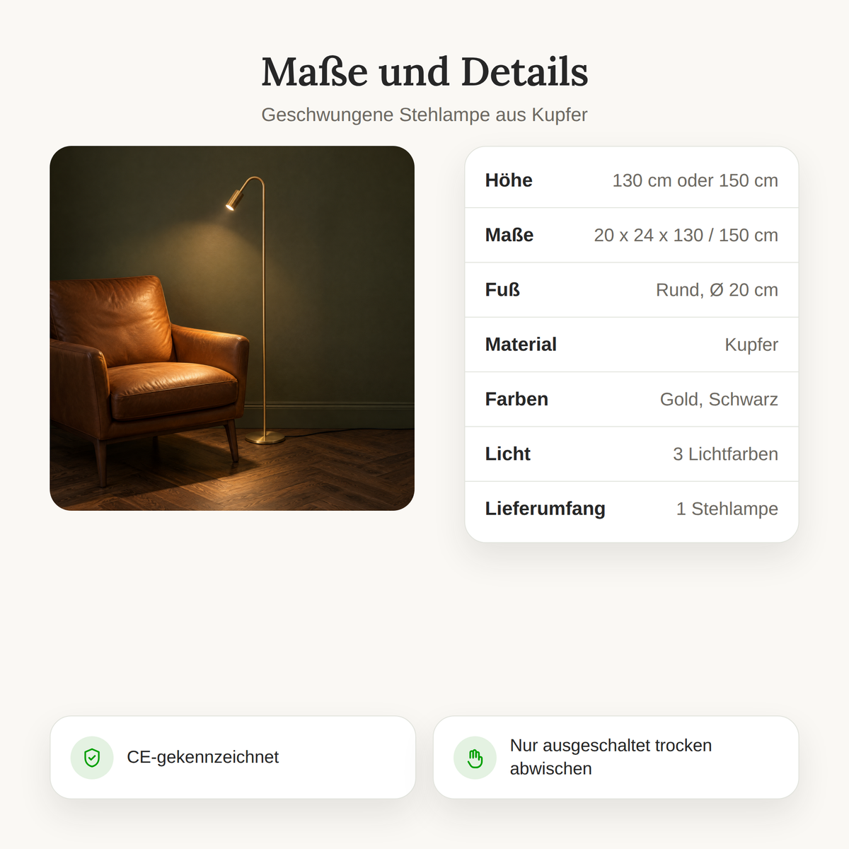Maße und Details der Stehlampe aus Kupfer: Höhe 130 oder 150 cm, Fuß Ø 20 cm, Gold oder Schwarz