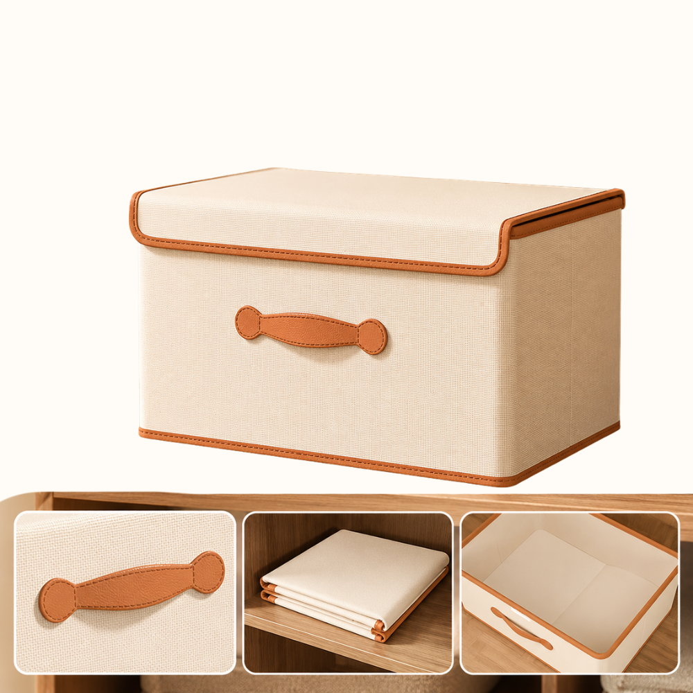 Faltbare Aufbewahrungsbox mit Deckel & Ledergriffen – Stoffbox aus Oxford, Stapelbar