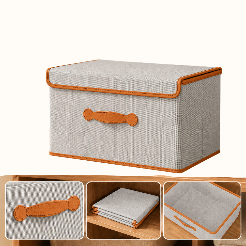 Faltbare Aufbewahrungsbox mit Deckel & Ledergriffen – Stoffbox aus Oxford, Stapelbar