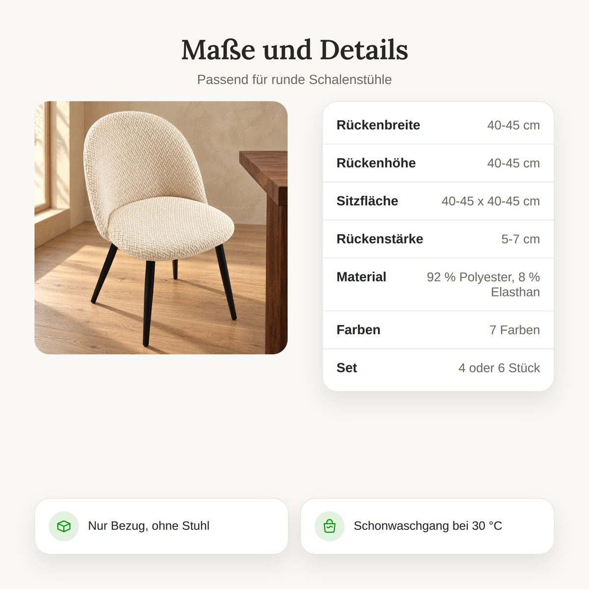 Maße der Stuhlhussen: passend für Rückenbreite und Rückenhöhe 40-45 cm, Sitz 40-45 x 40-45 cm