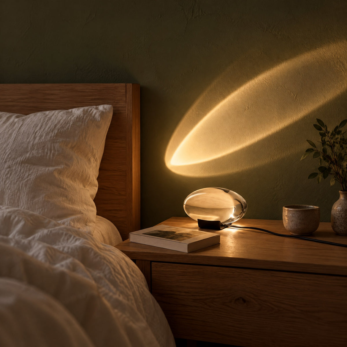 Sunset Lampe auf einem Nachttisch aus Eiche neben einem Bett, warmweißer Lichtbogen an der grünen Wand