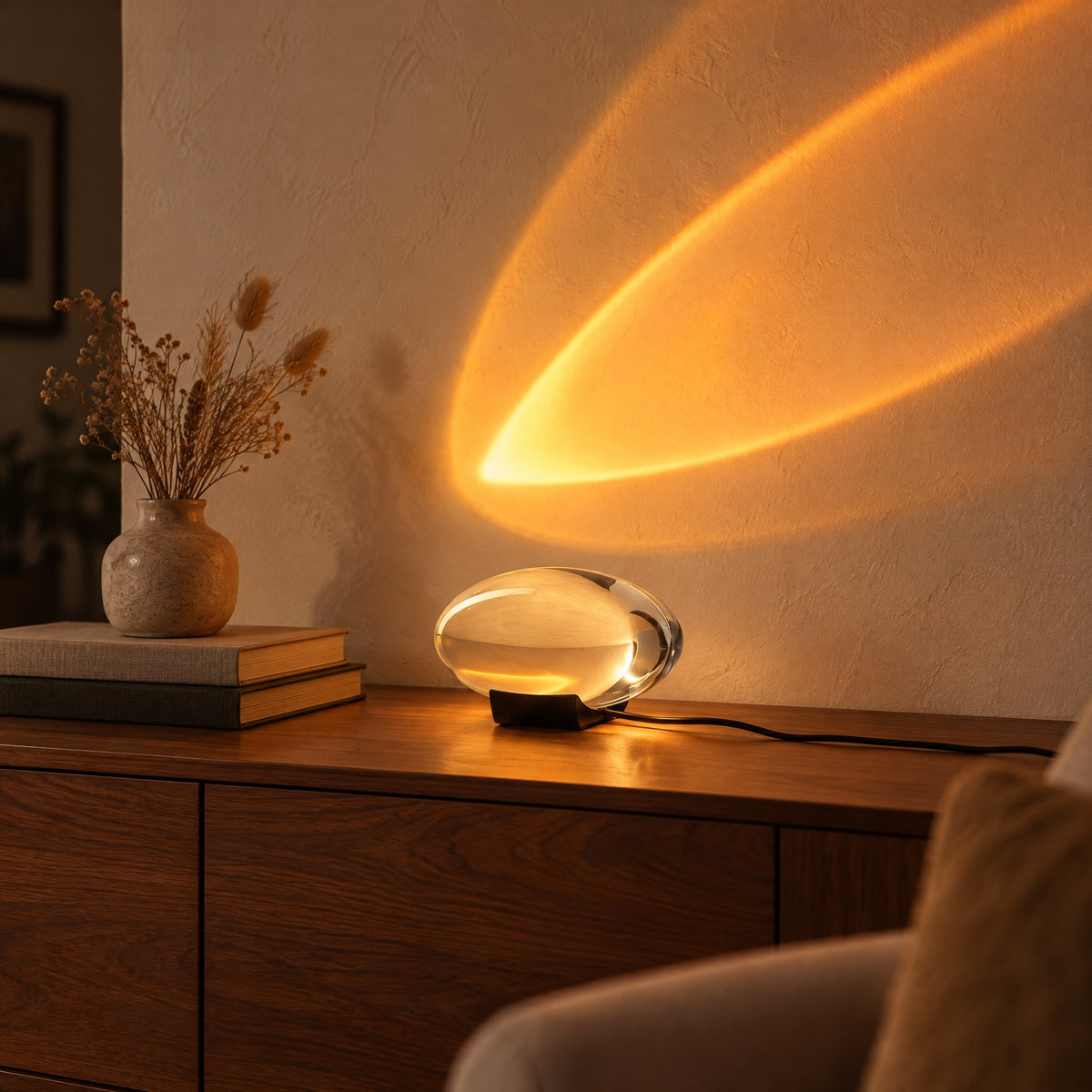 Sunset Lampe auf einem Nussbaum-Sideboard im Wohnzimmer mit orangem Lichtbogen an der Wand