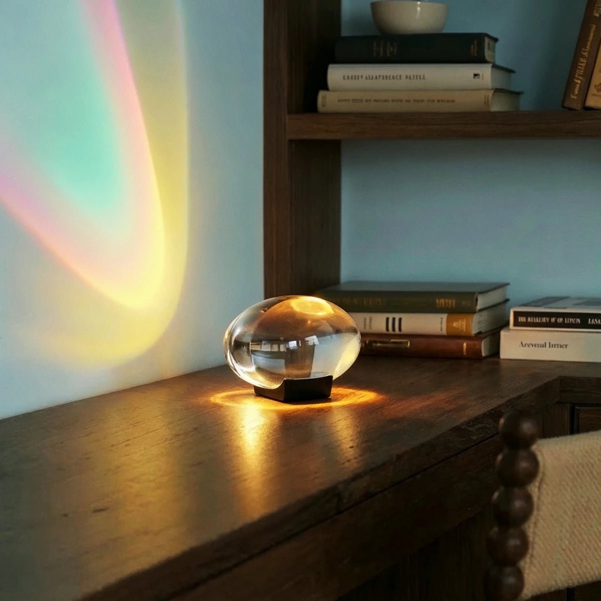 Sunset Lampe auf einem Schreibtisch mit Büchern und Regal
