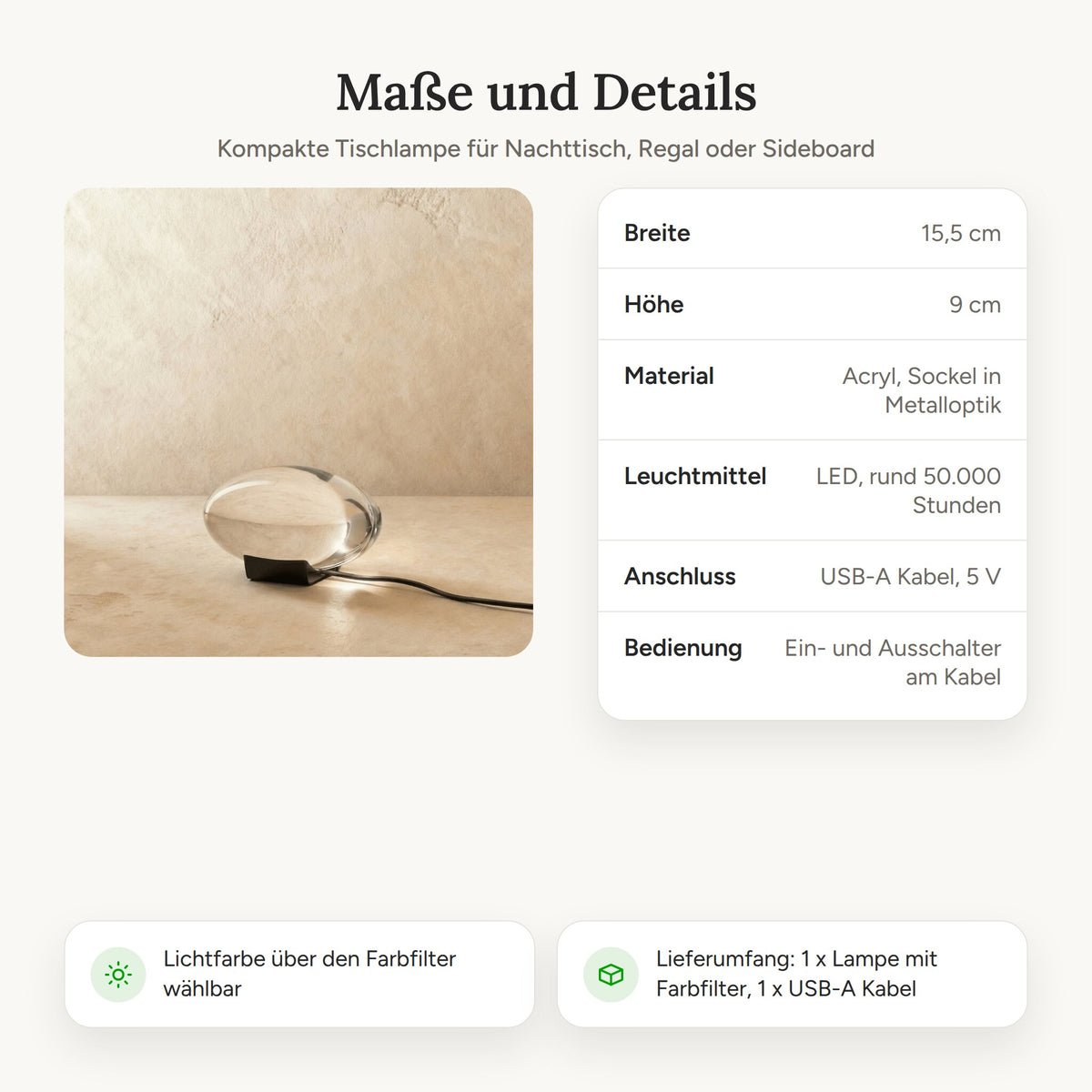 Maße der Sunset Lampe: 15,5 cm breit, 9 cm hoch, Anschluss über USB-A Kabel