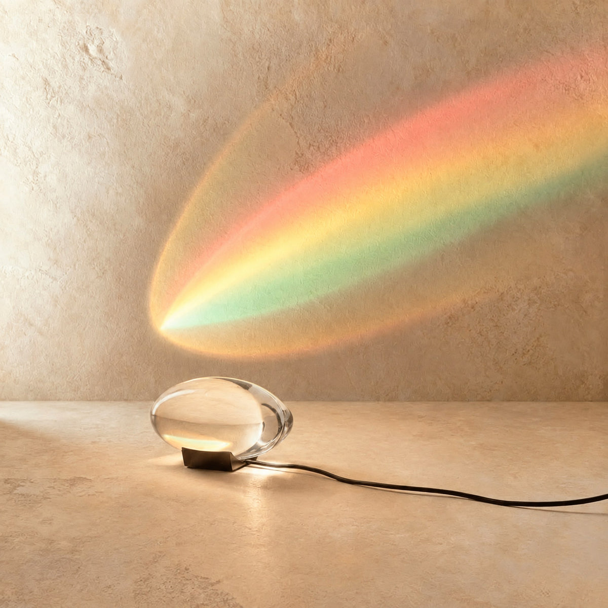 Sunset Lampe wirft einen Regenbogen-Lichtbogen an die Wand, Acrylkörper auf dunklem Sockel mit Kabel