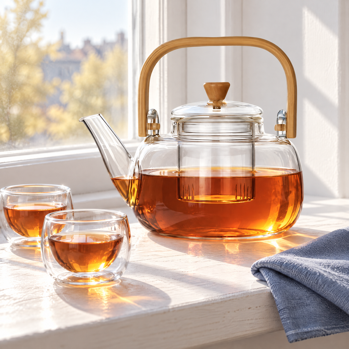 Glas-Teekanne mit Bambusgriff auf der Fensterbank mit zwei Teegläsern