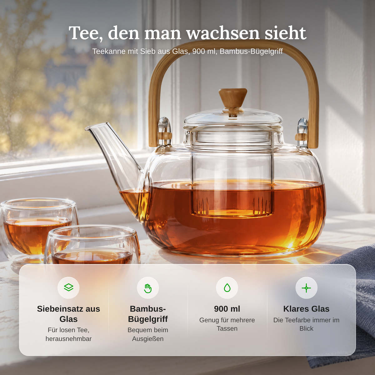 Vorteile der Teekanne mit Sieb: Siebeinsatz aus Glas, Bambusgriff, 900 ml