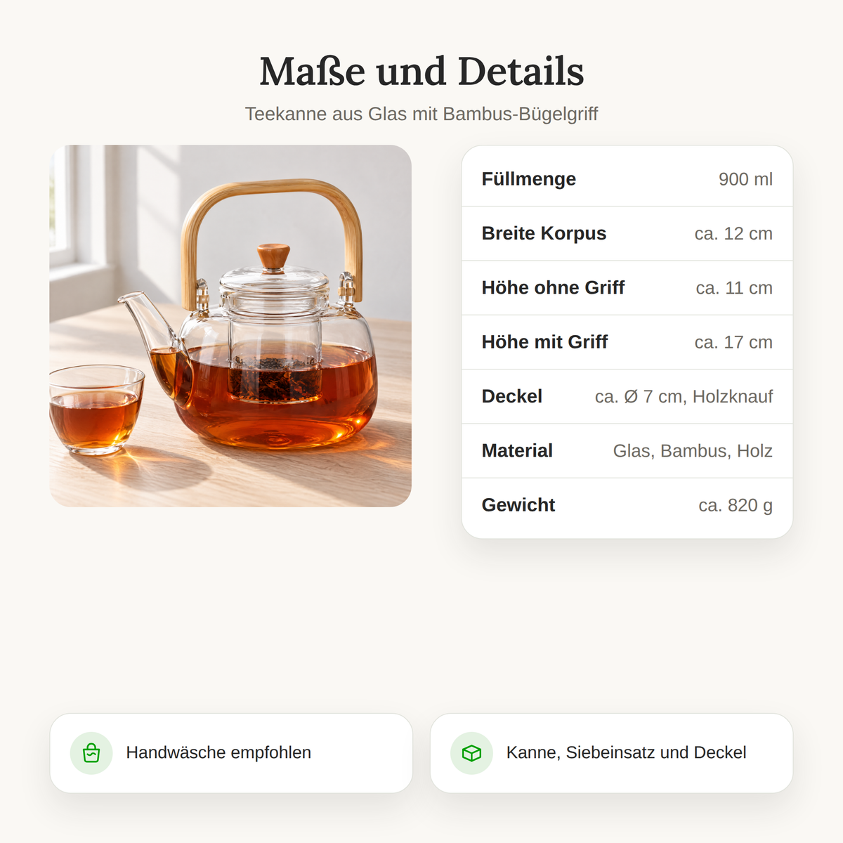 Maße der Glas-Teekanne mit Bambusgriff: 900 ml, ca. 12 x 17 cm