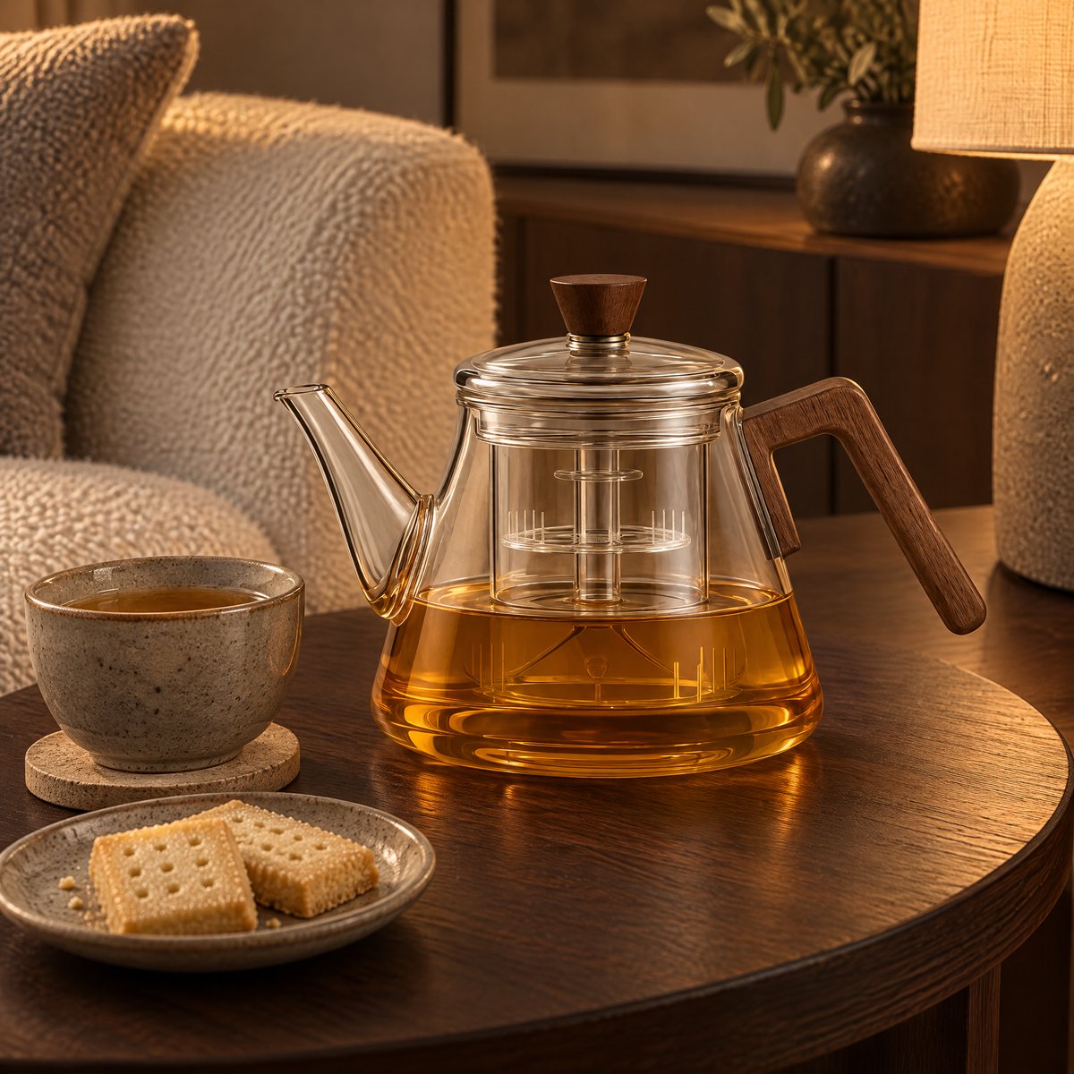 Konische Glas-Teekanne mit Holzgriff auf dem Beistelltisch neben dem Sofa