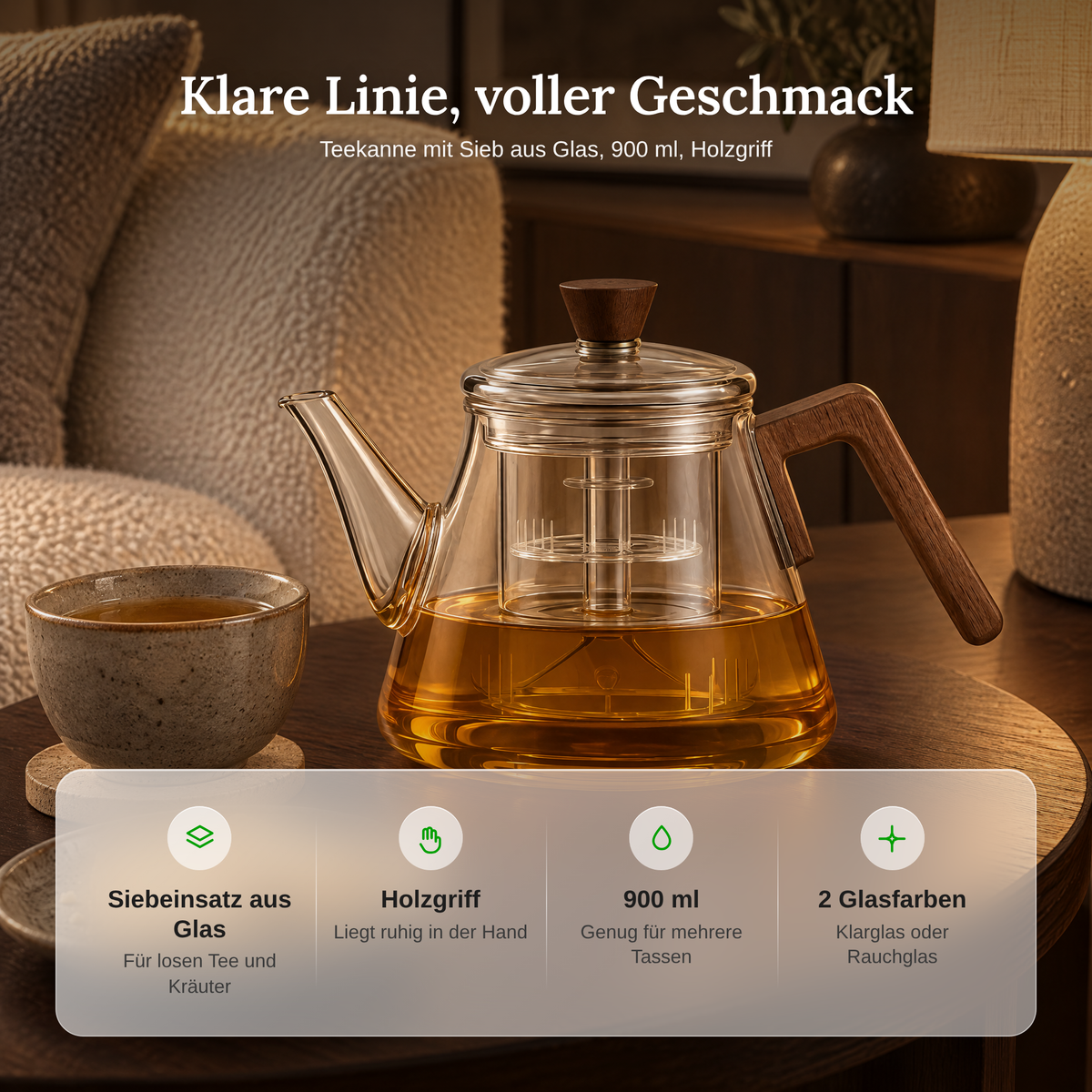 Vorteile der Teekanne mit Sieb: Glaseinsatz, Holzgriff, 900 ml, 2 Glasfarben