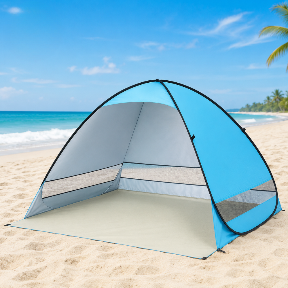 Pop Up Strandmuschel Blau 200 x 165 x 130 cm UPF50+ Strandzelt aus Polyester für Strand Camping