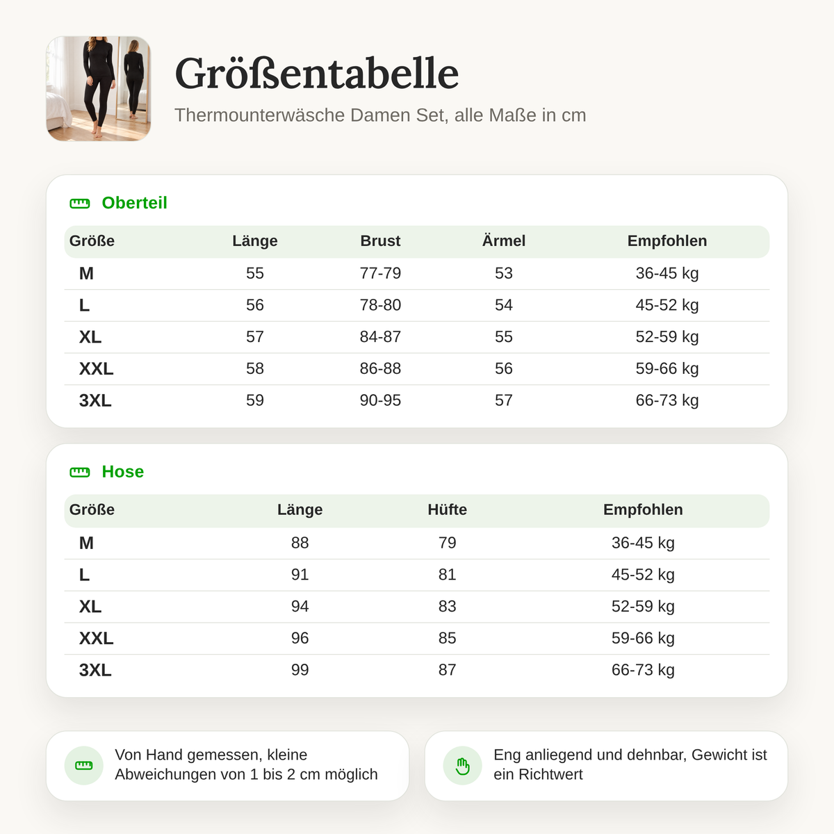 Größentabelle Thermounterwäsche Damen Set: Oberteil Länge, Brust, Ärmel und Hose Länge, Hüfte in cm für M bis 3XL mit Gewichtsempfehlung