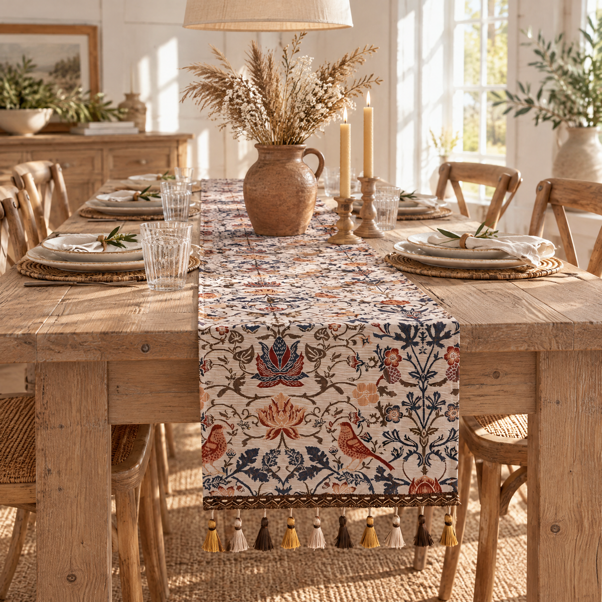 Vintage Tischläufer mit Blumen und Vögeln auf einem langen Esstisch aus Eiche im Landhausstil
