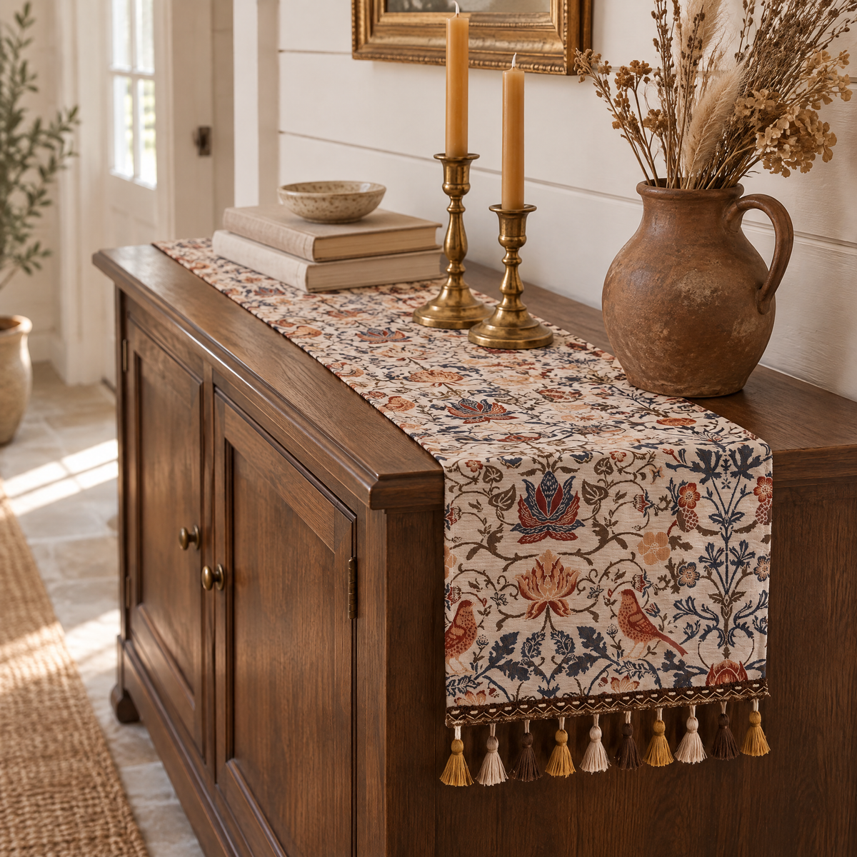 Jacquard Tischläufer mit Quasten auf einem Sideboard aus Nussbaum mit Messingkerzenhaltern