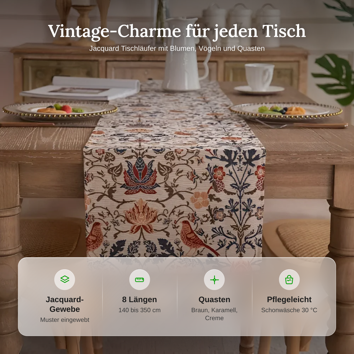 Vorteile des Vintage Tischläufers: Jacquard-Gewebe, 8 Längen von 140 bis 350 cm, Quasten, pflegeleicht