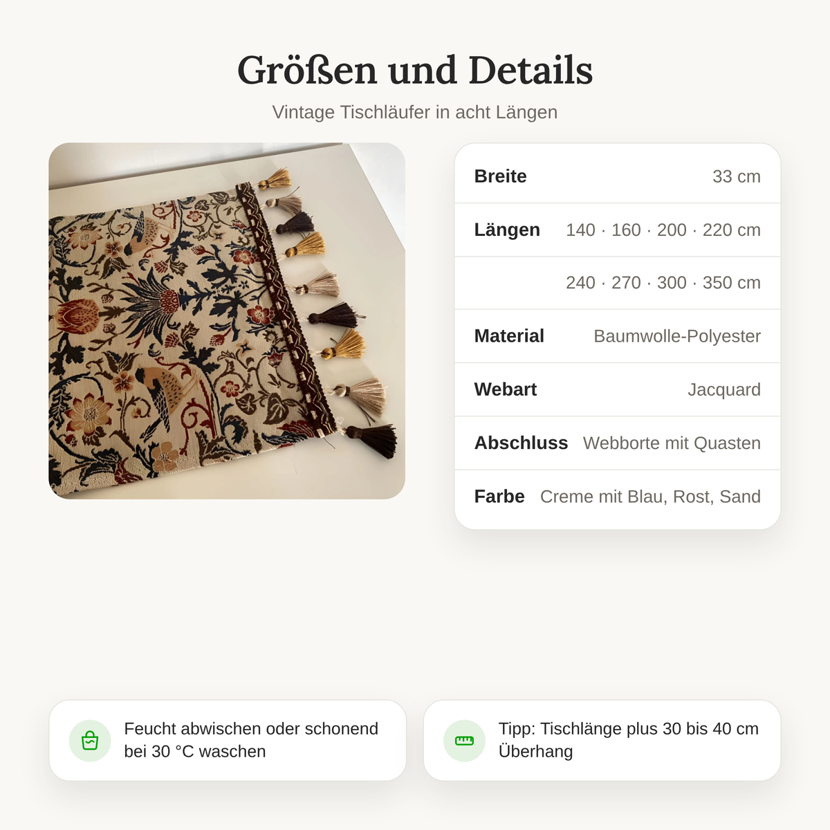 Größen des Tischläufers: 33 cm breit, 140 bis 350 cm lang, Baumwolle-Polyester, Jacquard