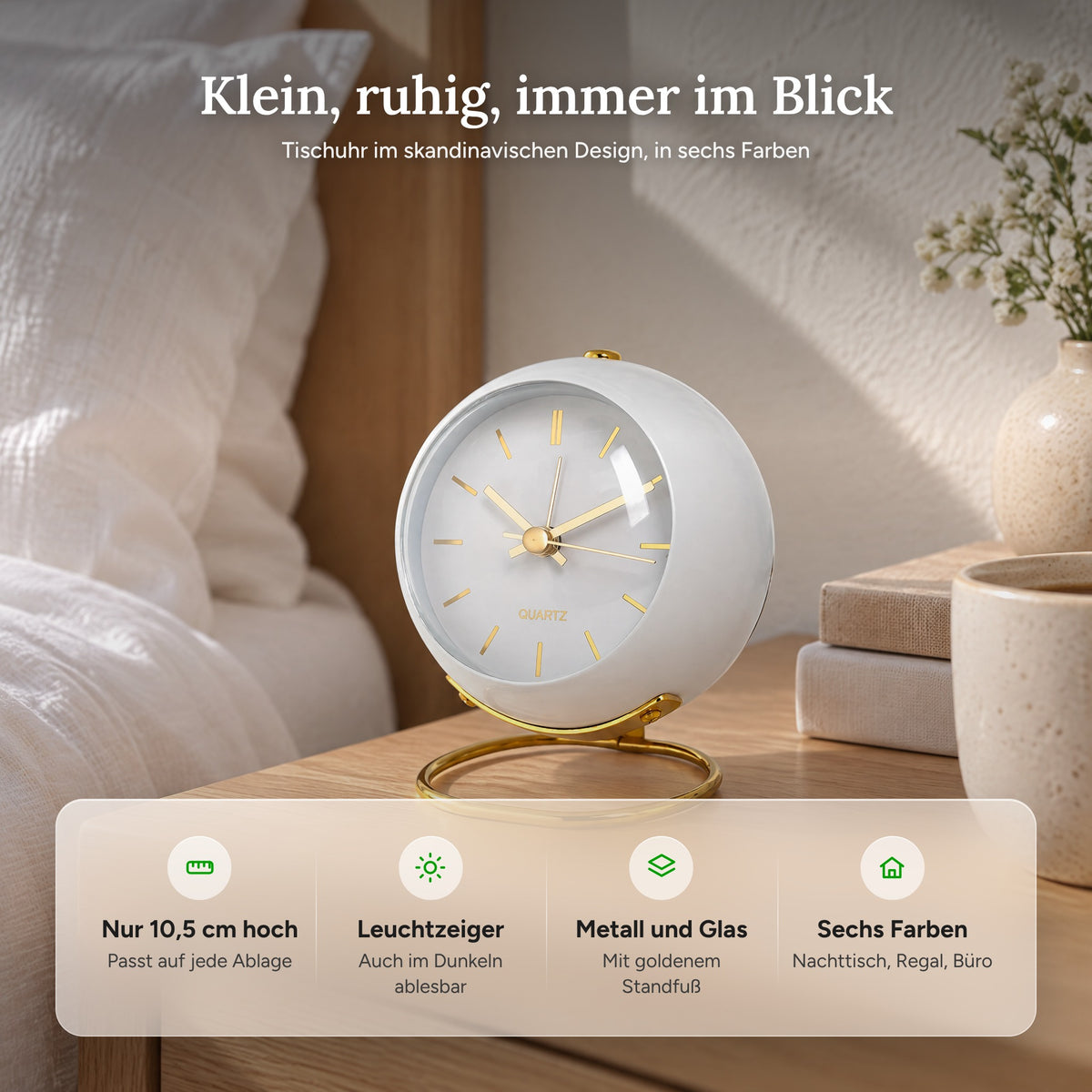 Merkmale der Tischuhr: 10,5 cm hoch, Leuchtzeiger, Metall und Glas, sechs Farben