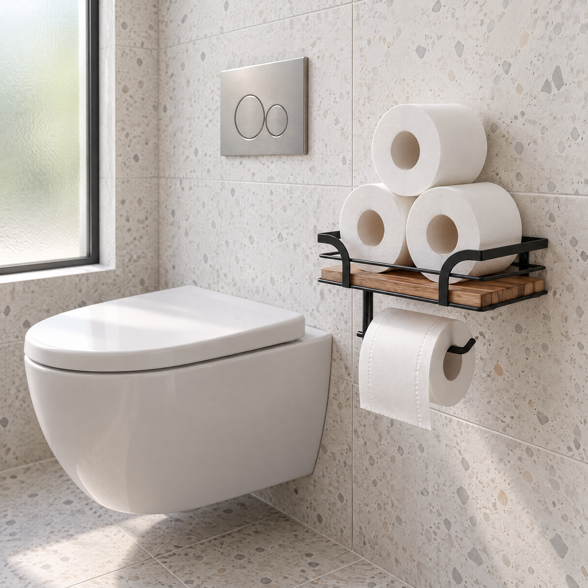 Toilettenpapierhalter mit Ablage und Ersatzrollen neben dem Wand-WC