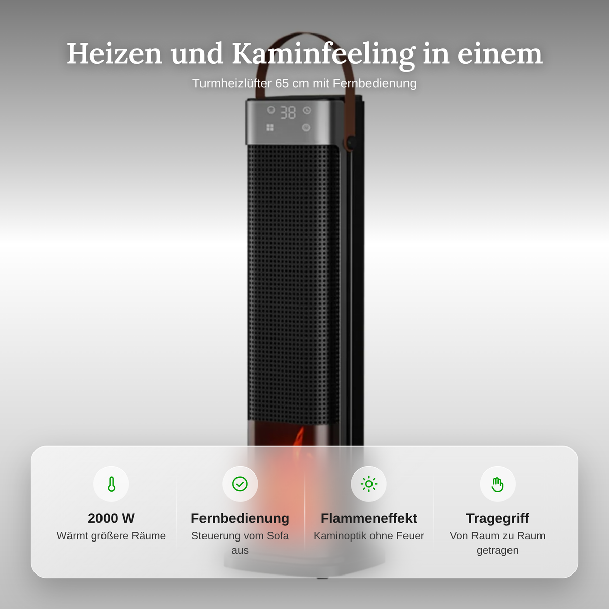 Merkmale des Turmheizlüfters: 2000 W, Fernbedienung, Flammeneffekt und Tragegriff