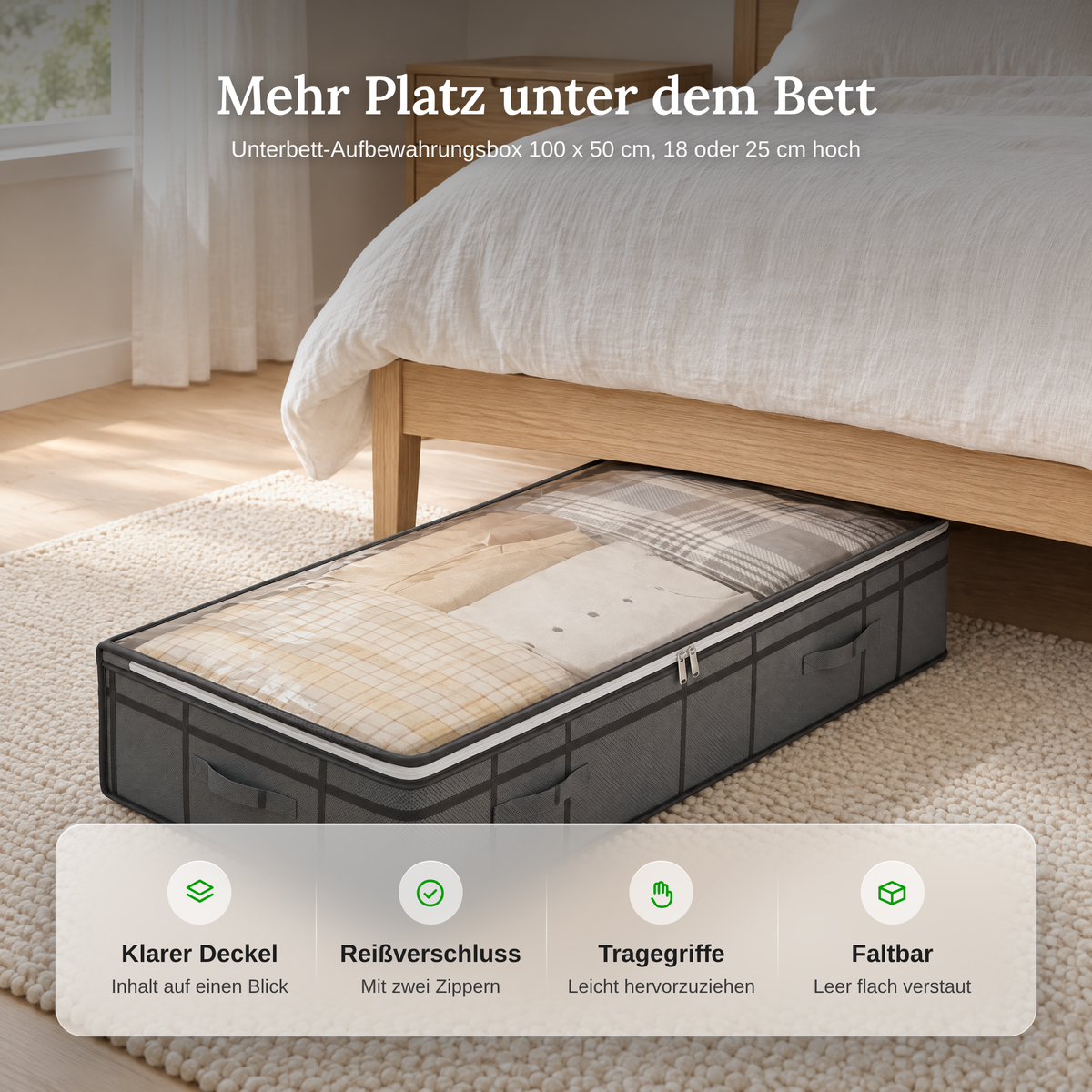 Vorteile der Unterbett-Aufbewahrungsbox: klarer Deckel, Reißverschluss, Tragegriffe, faltbar