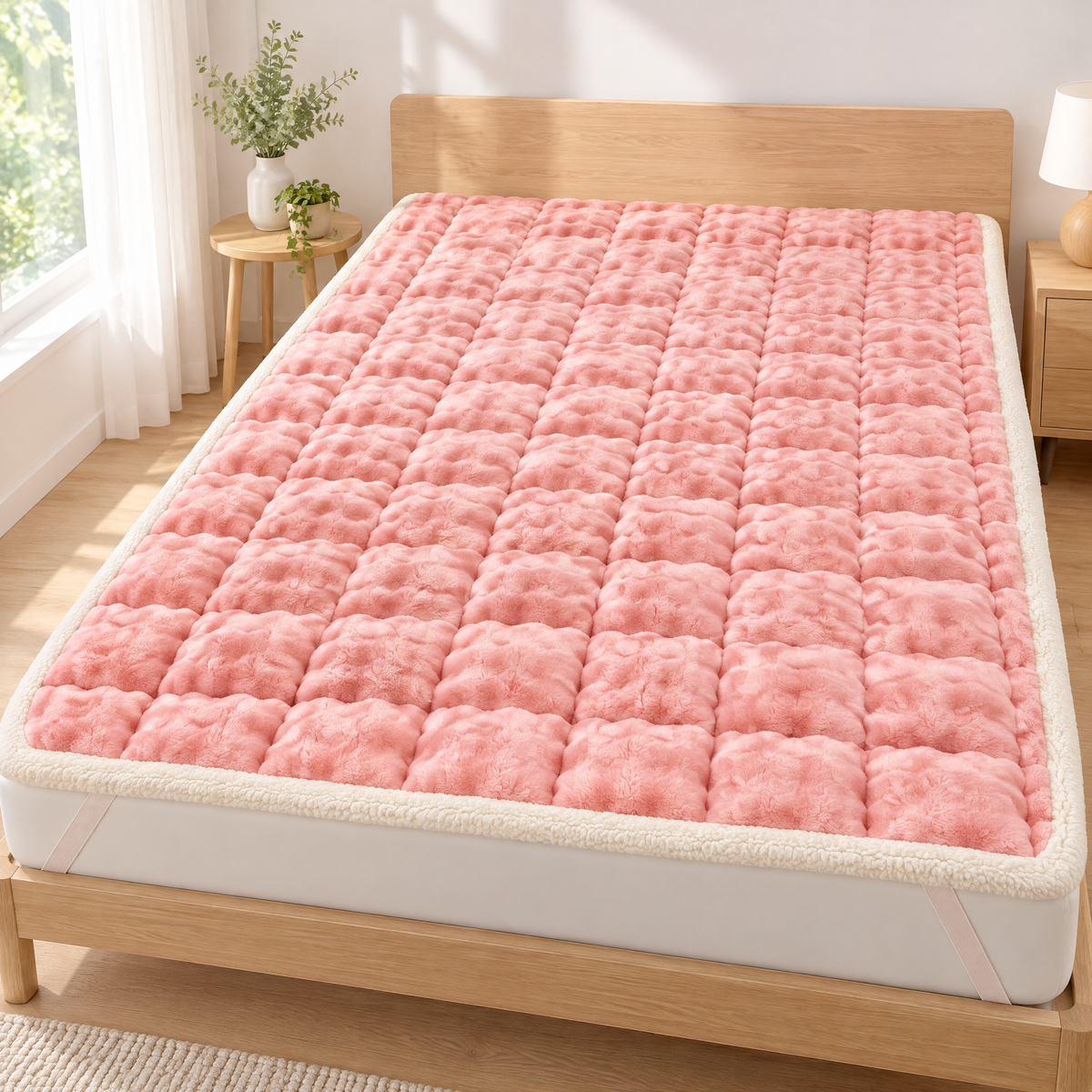Rosa Velours-Matratzenauflage glatt auf einer Matratze in einem hellen Schlafzimmer