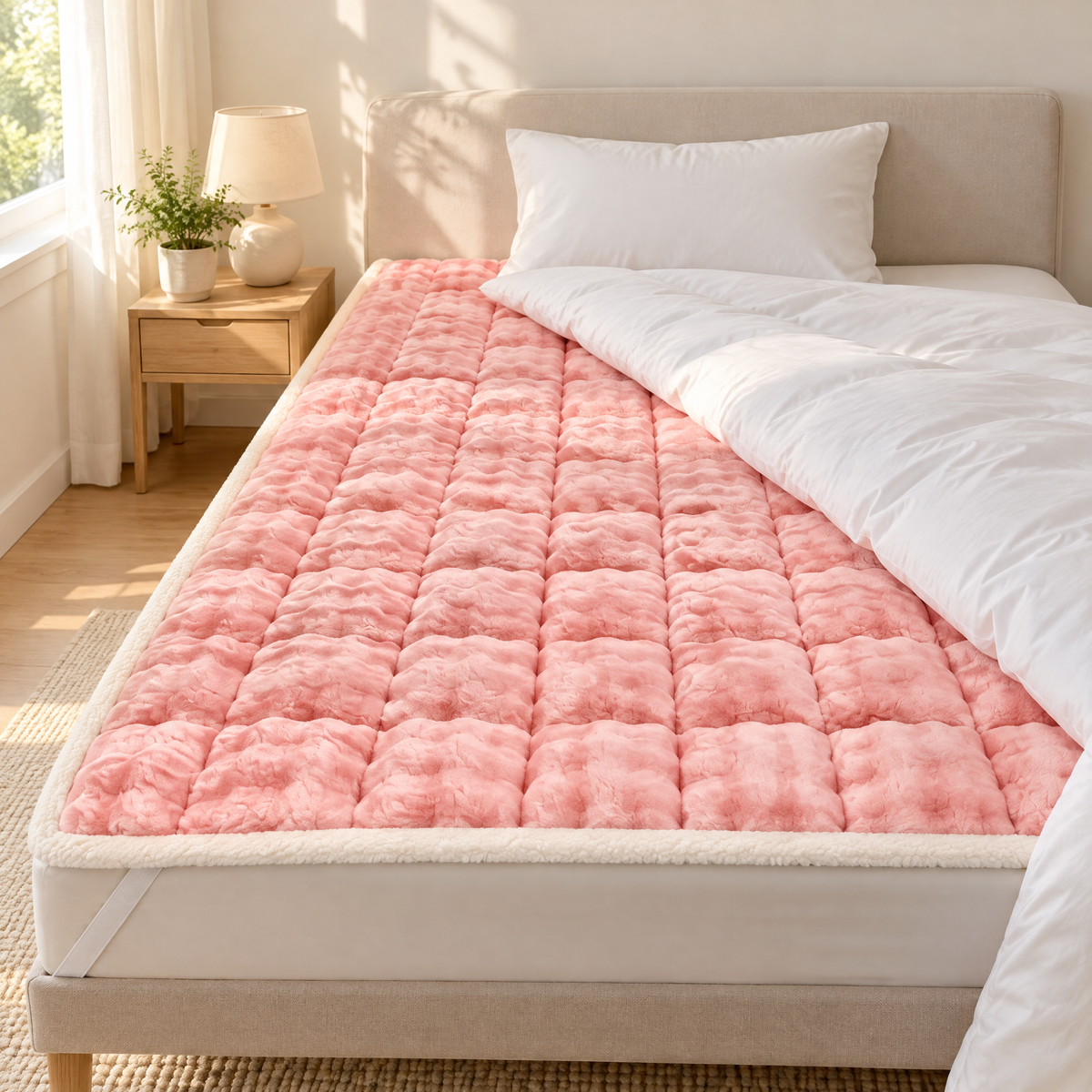 Rosa Velours-Matratzenauflage auf einem gemachten Bett mit zurückgeschlagener Bettdecke