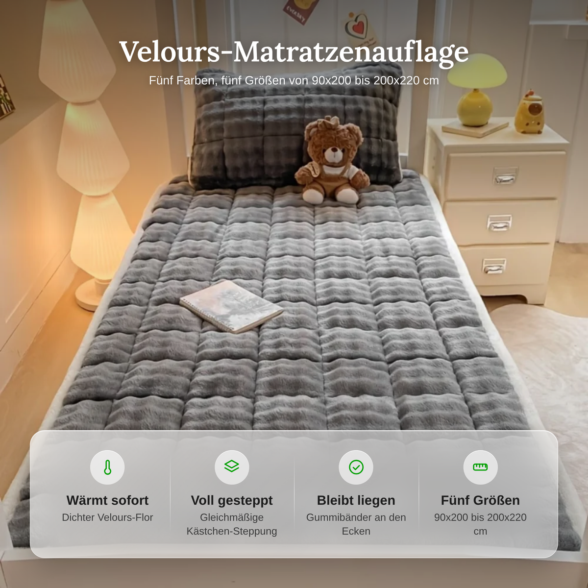 Merkmale der Velours-Matratzenauflage: wärmend, gesteppt, Gummibänder, fünf Größen