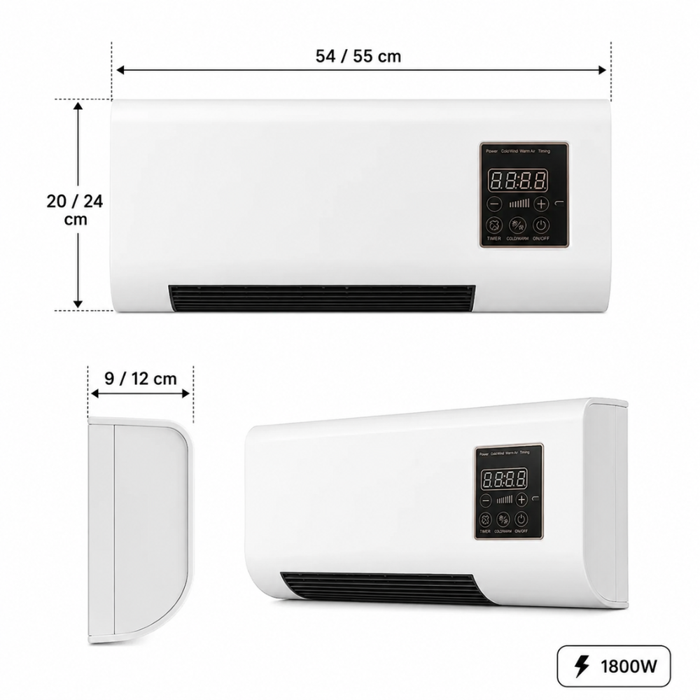 Wandheizlüfter mit 1800 W – Abmessungen des Geräts