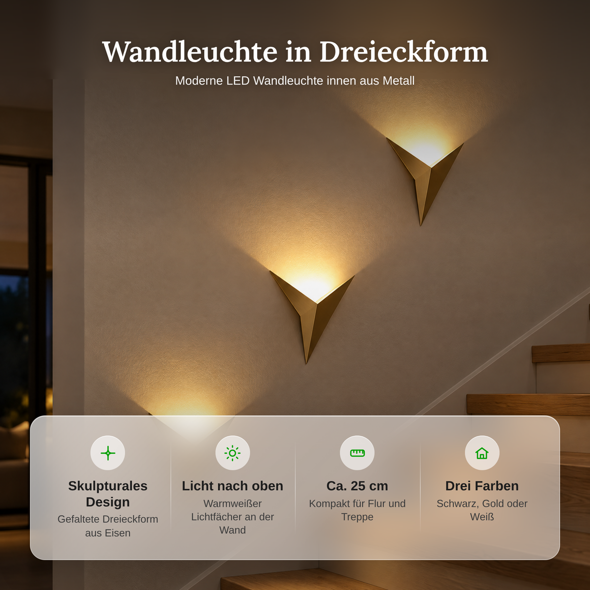 Vorteile der Wandleuchte innen in Dreieckform: skulpturales Design, Licht nach oben, ca. 25 cm, drei Farben