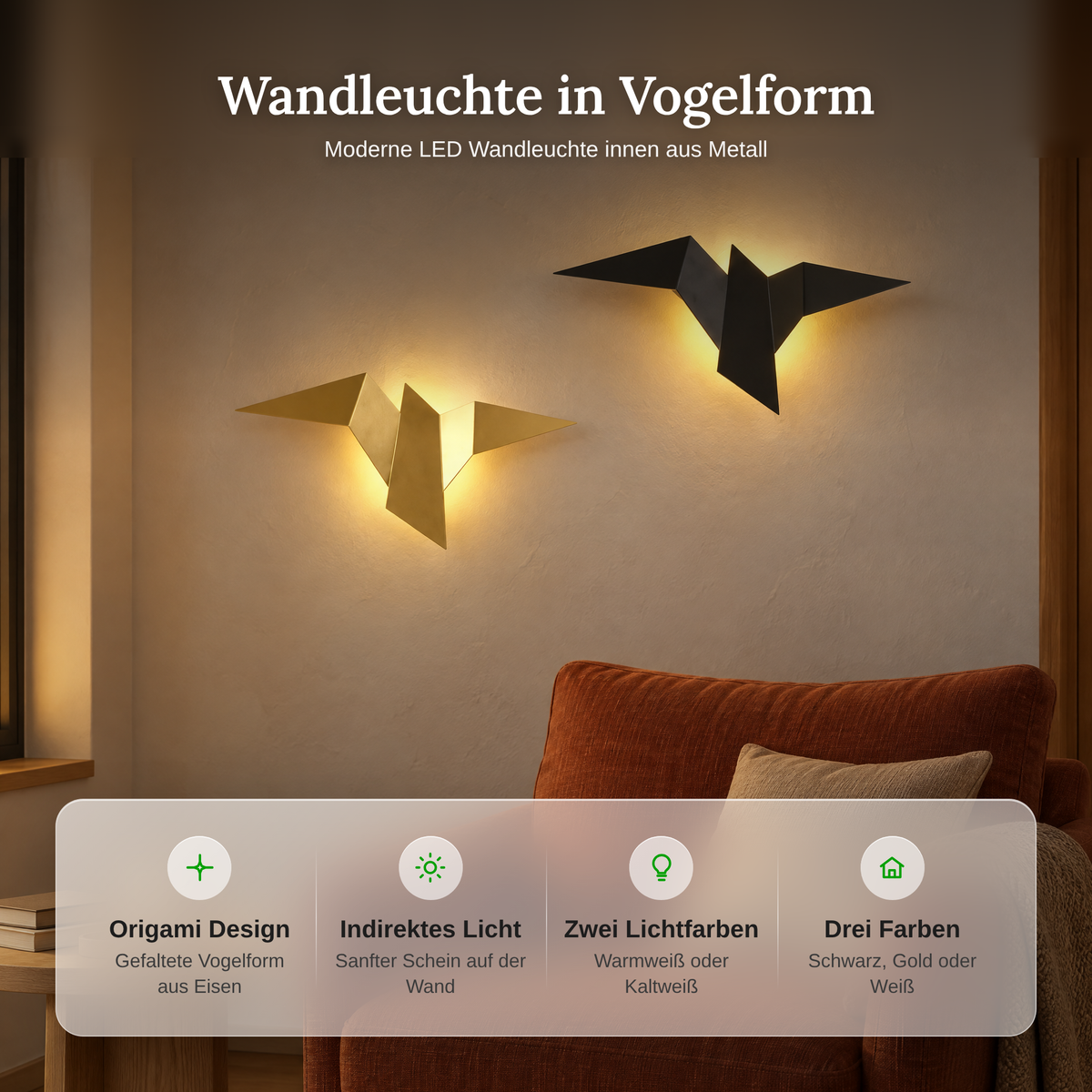 Vorteile der Wandleuchte innen in Vogelform: Origami Design, indirektes Licht, Warmweiß oder Kaltweiß, drei Farben