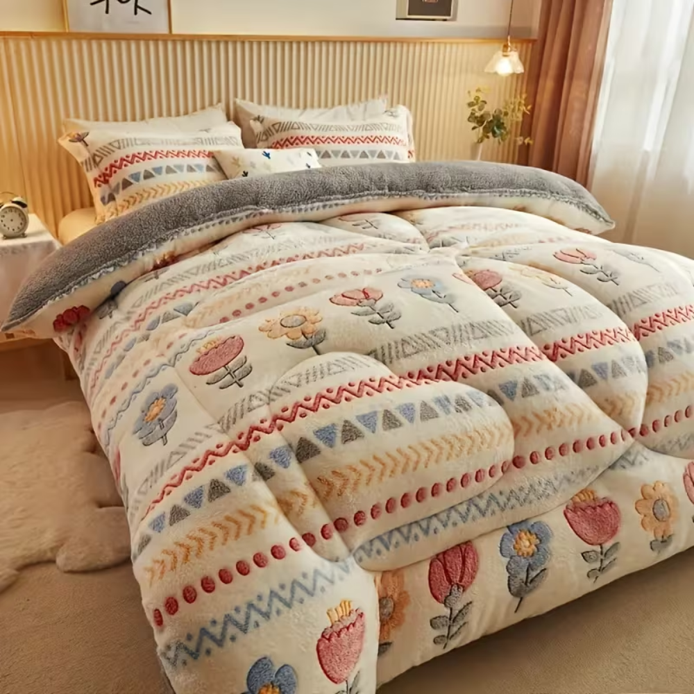 Boho-Winterbettdecke mit Blumenmuster ausgebreitet auf einem Doppelbett