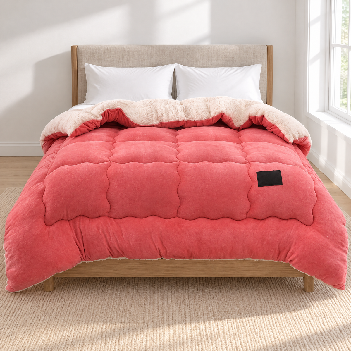 Waschbare Bettdecke in Rosa mit cremefarbener Teddy-Rückseite auf einem hellen Holzbett