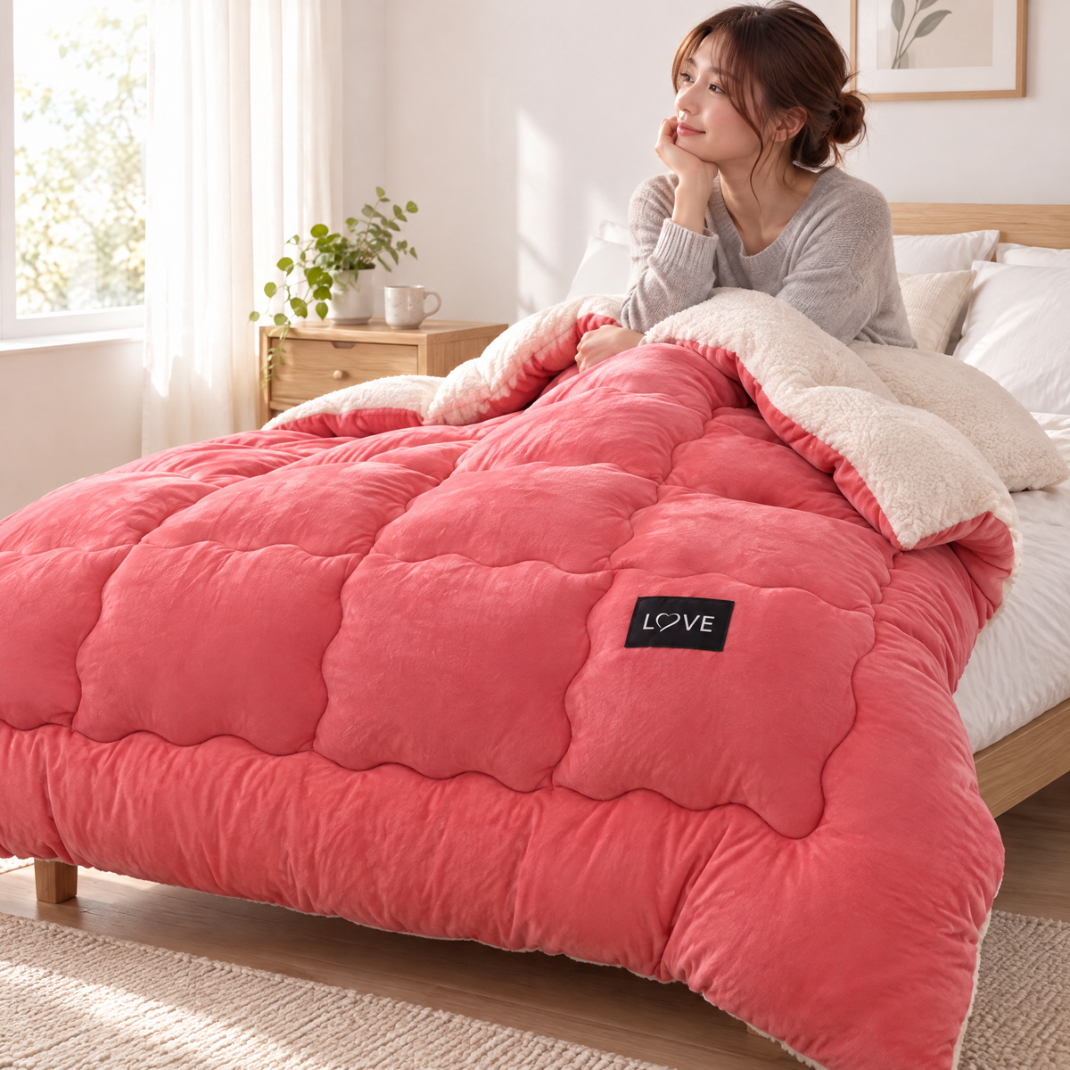 Frau kuschelt sich im Morgenlicht in die rosa Winter-Bettdecke