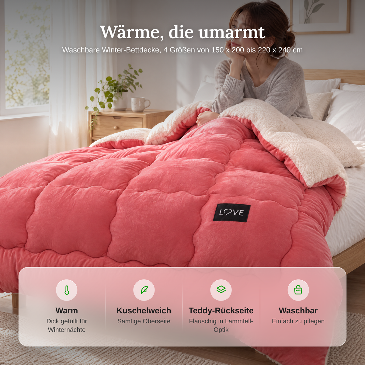 Vorteile der Bettdecke: warm, kuschelweich, Teddy-Rückseite, waschbar