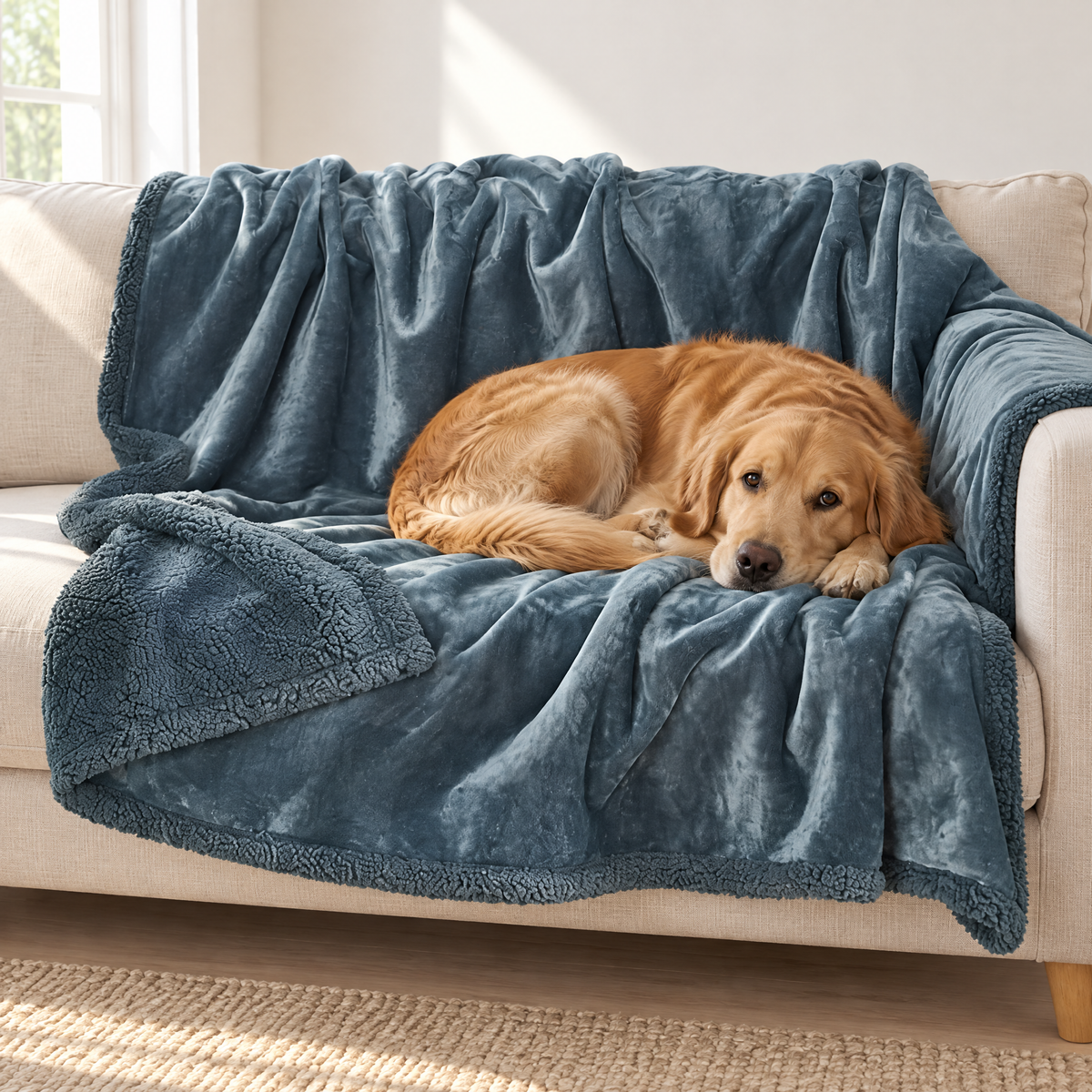 Wasserdichte Kuscheldecke in Blaugrau auf dem Sofa, ein Golden Retriever liegt darauf