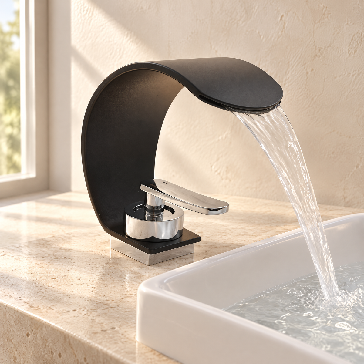 Schwarze Wasserfall-Waschtischarmatur mit Hebel in Chromoptik auf einem Waschtisch aus Kalkstein
