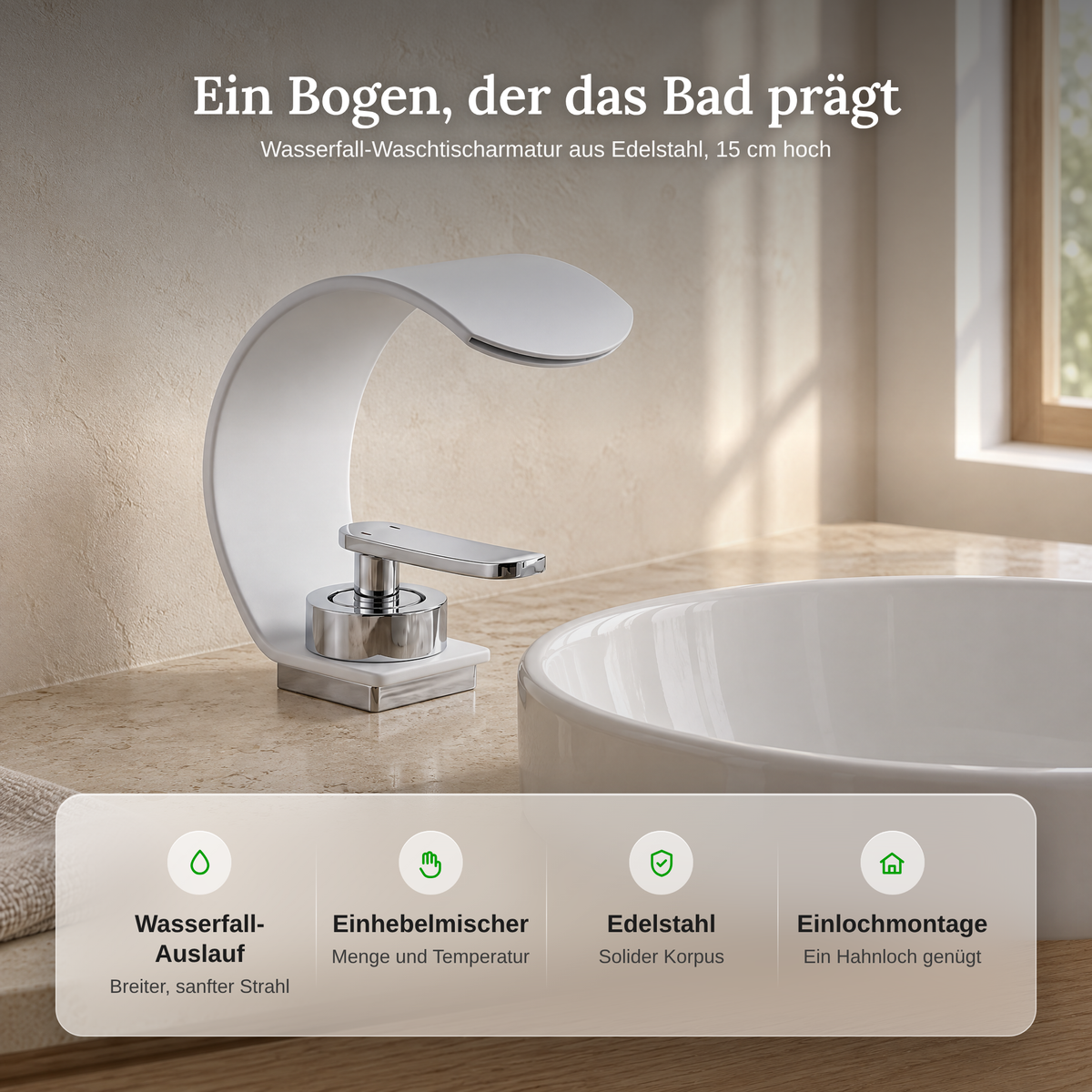 Vorteile der Waschtischarmatur: Wasserfall-Auslauf, Einhebelmischer, Edelstahl, Einlochmontage