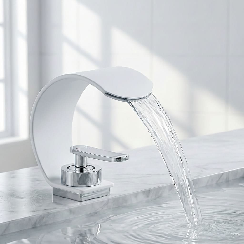 Weiße Wasserfall-Waschtischarmatur mit Hebel und Ventilring in Chromoptik