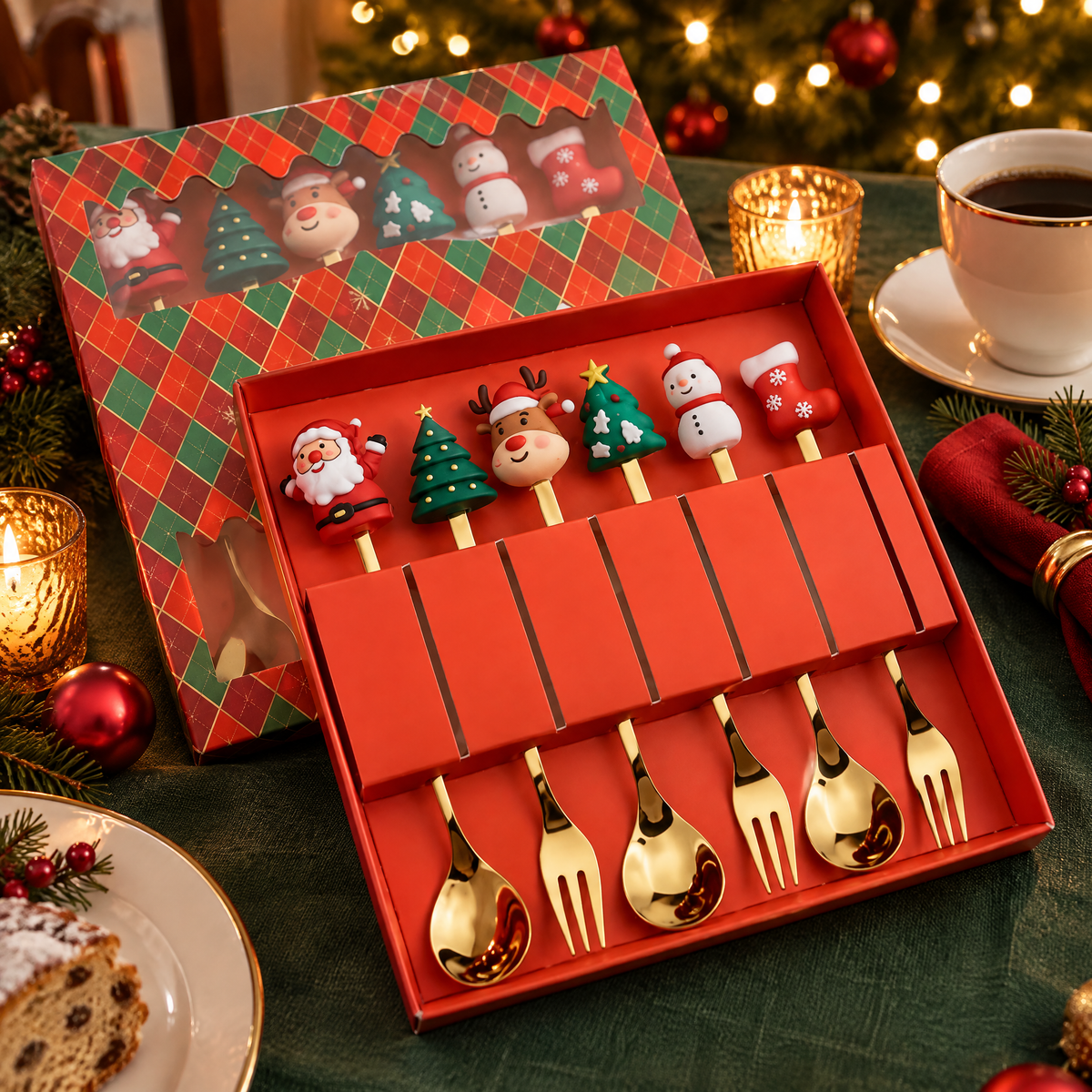 Kaffeelöffel und Kuchengabeln mit Weihnachtsfiguren in roter Geschenkbox auf dem festlich gedeckten Tisch