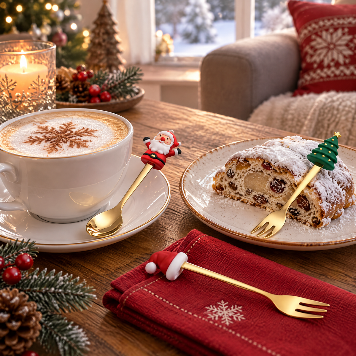 Kaffeelöffel mit Weihnachtsmann am Cappuccino und Kuchengabel mit Tannenbaum am Christstollen