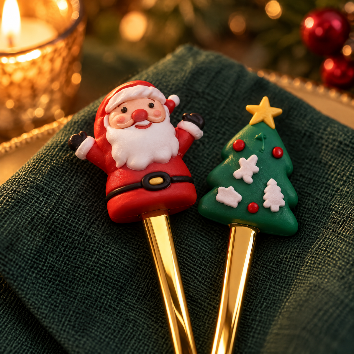 Nahaufnahme der Figuren Weihnachtsmann und Tannenbaum an den goldfarbenen Griffen