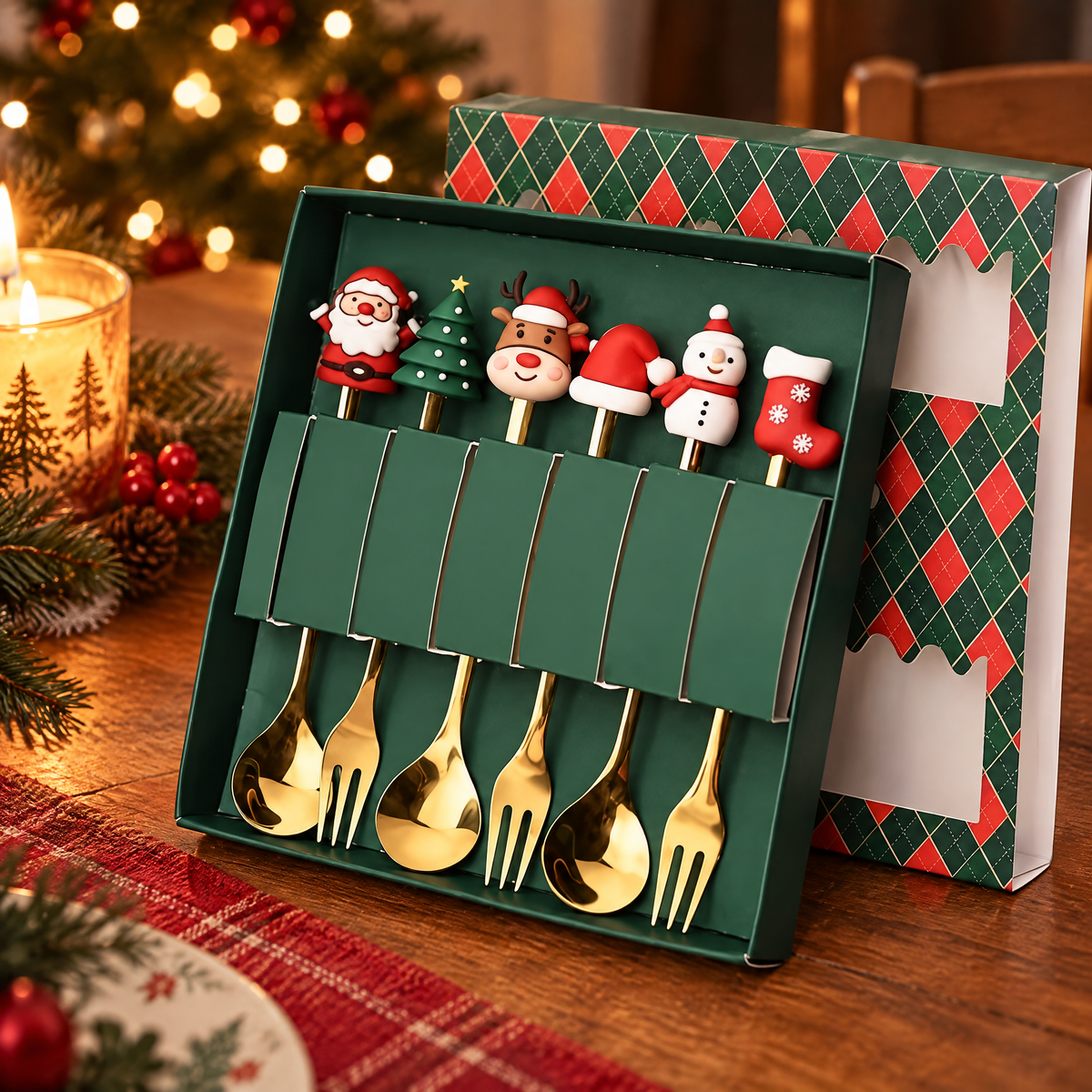 6er Set Weihnachtsbesteck Grün mit Weihnachtsmann, Tannenbaum, Rentier, Mütze, Schneemann und Stiefel in grüner Geschenkbox auf dem Esstisch