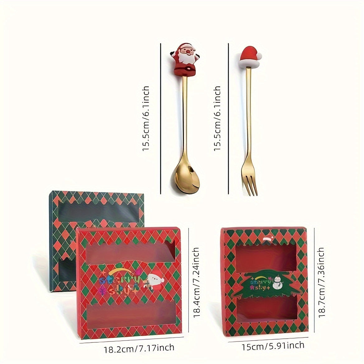 Maßbild: Löffel und Gabel je ca. 15,5 cm lang, Geschenkboxen ca. 18,2 x 18,4 cm und 15 x 18,7 cm