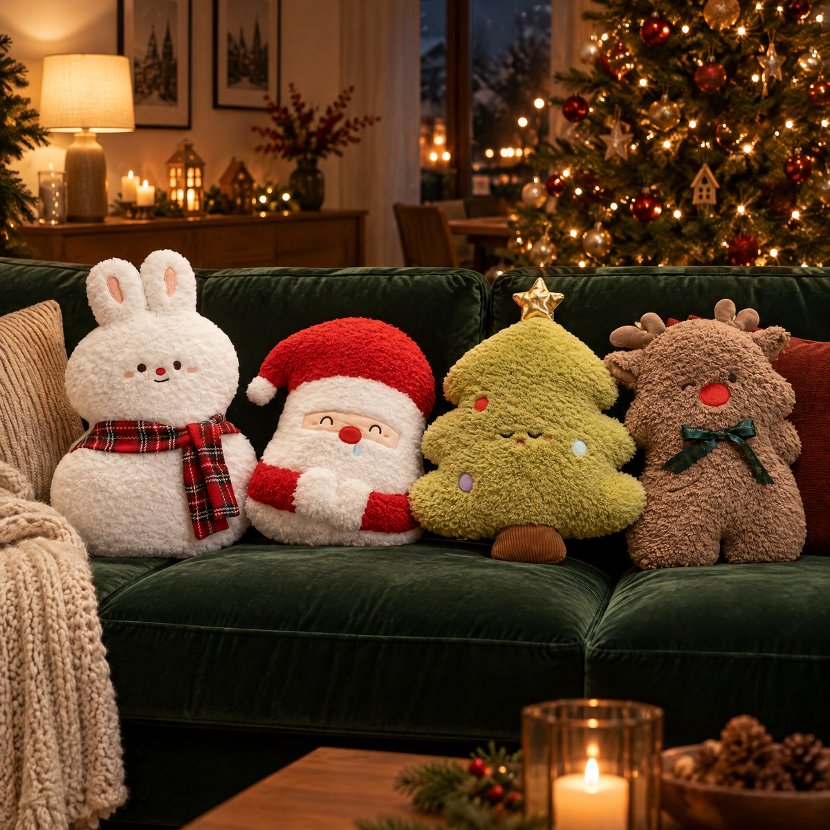 Vier Weihnachtskissen in Figurform: Schneehase, Weihnachtsmann, Weihnachtsbaum und Elch auf einem grünen Samtsofa