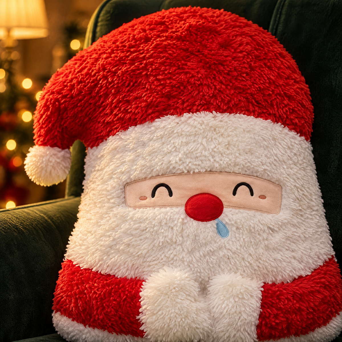 Nahaufnahme des Weihnachtsmann Kissens mit roter Plüschmütze, weißem flauschigem Bart und freundlichem Gesicht