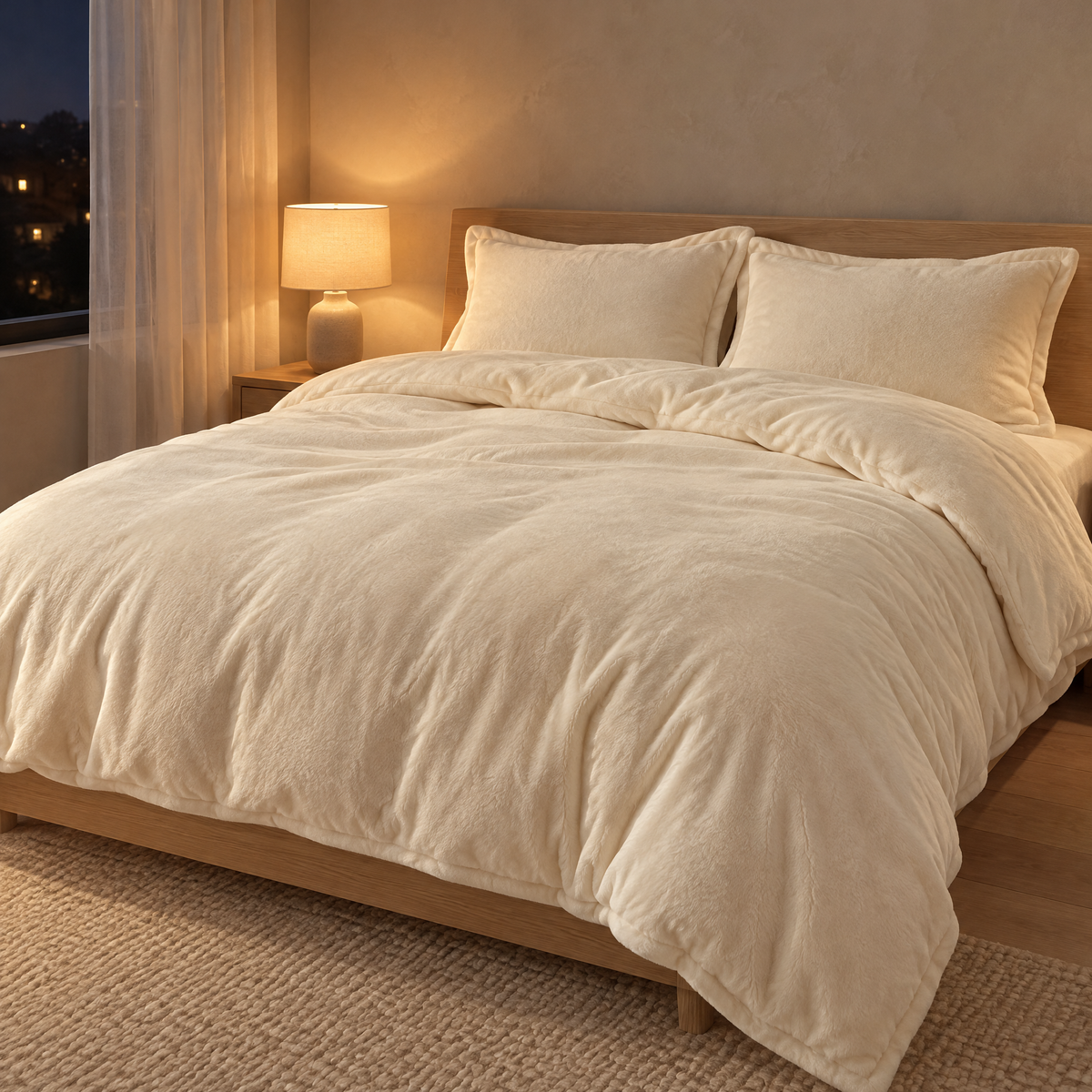 Winterbettwäsche aus Korallenfleece in Cremeweiß auf einem Doppelbett im Schlafzimmer am Abend