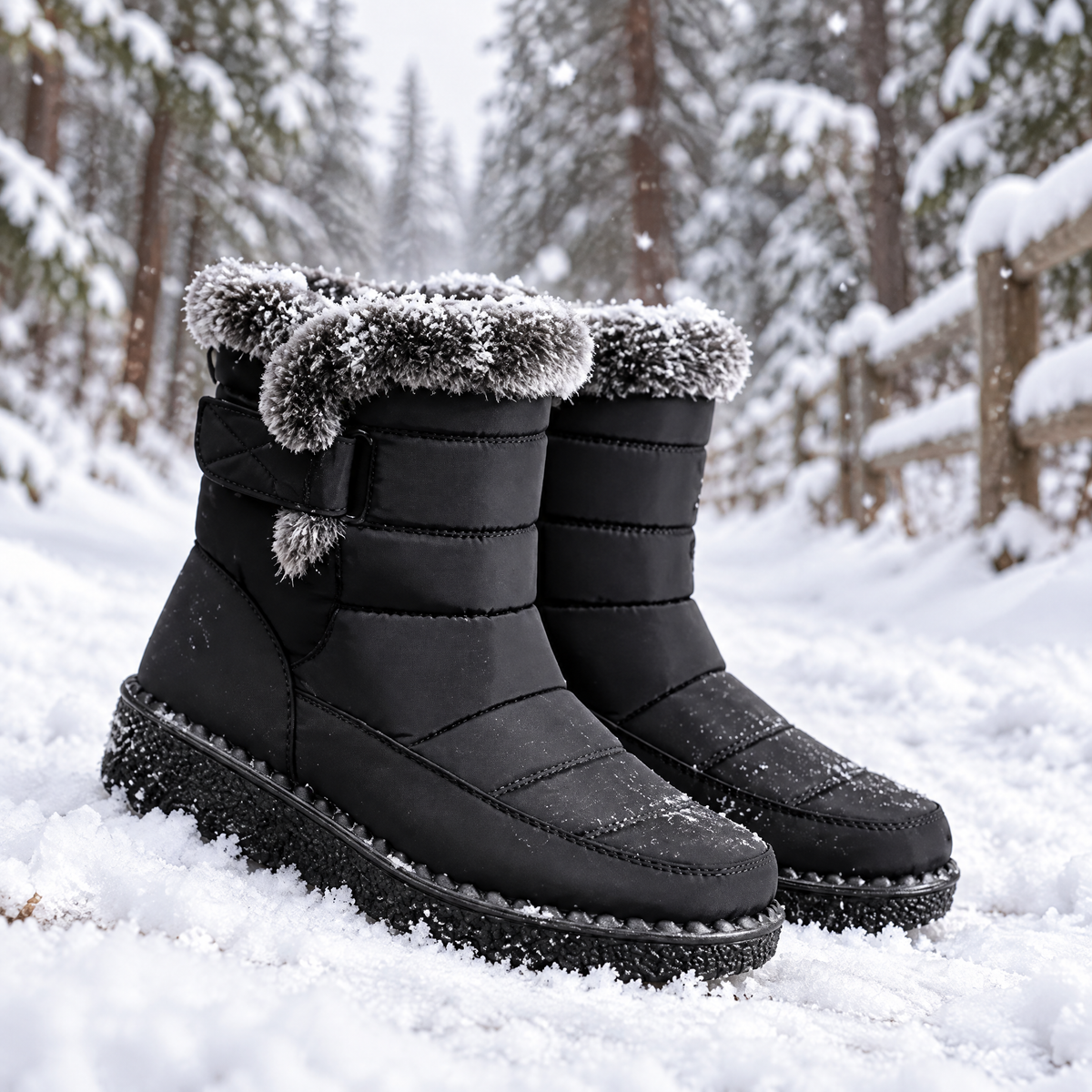 Schwarze Winterstiefel Damen gefüttert auf einem verschneiten Waldweg