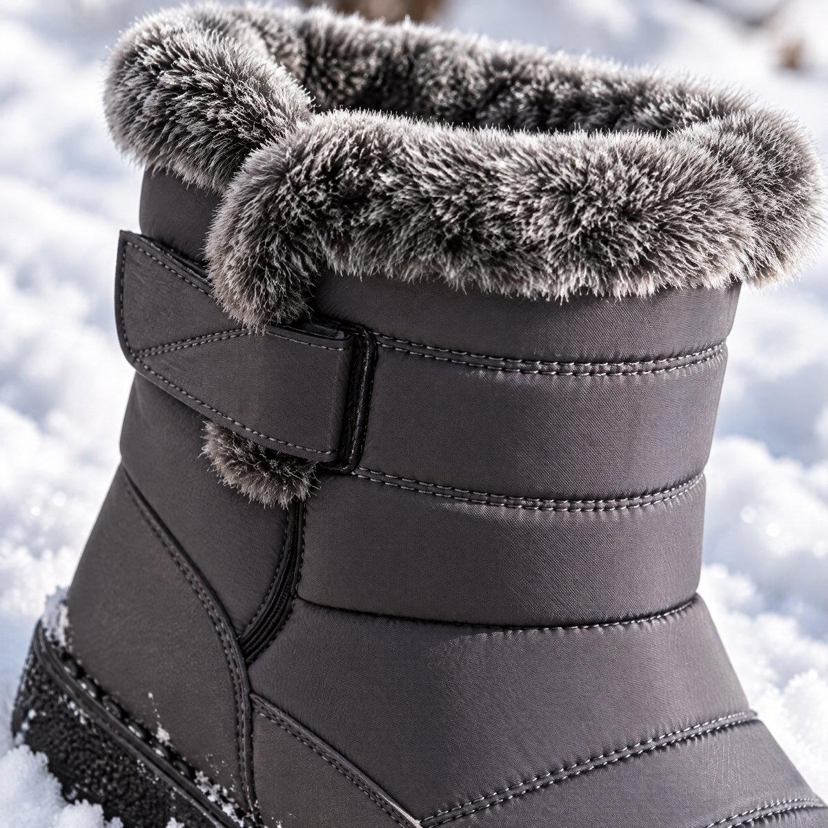 Nahaufnahme von Plüschkragen und Klettriemen der grauen Winterschuhe Damen